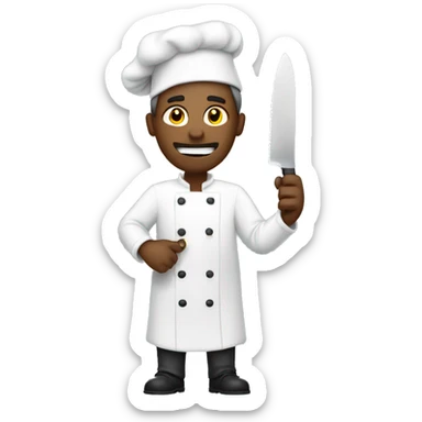 A male cook covering his face and holding a knife sticker