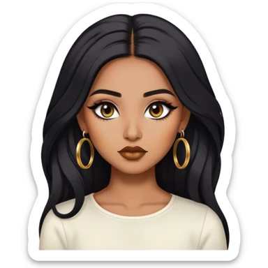 indian girl, brown skin, long black voluminous hair, brown underneath colored hair, baddie,pretty, makeup, lipliner, black eyeliner, gold hoop earrings, white top sticker
