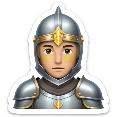 Clash of Clans aesthetic friendly Knight Portrait Emoji, With a noble, armored build featuring a gleaming suit adorned with intricate heraldry and a determined gaze behind a visored helm, his face rendered in a natural skin tone (not yellow), Simplified yet dynamic features, highly detailed, glowing with a cool, steely radiance, high shine, courageous and resolute, stylized with an air of chivalric valor, focused and stalwart, soft glowing outline, capturing the essence of a valiant knight ready to charge into epic quests with honor! sticker