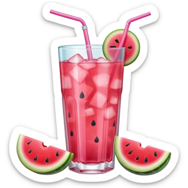 pink soft drink with a watermelon chunk on the rim of glass sticker