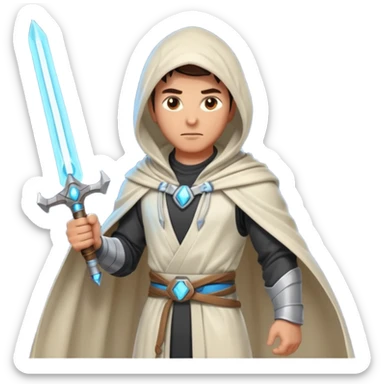 sci-fi space warrior human, glowing energy sword, hooded robe, heroic stance, 3D cartoon, mobile game character icon, clean background, no text
 sticker