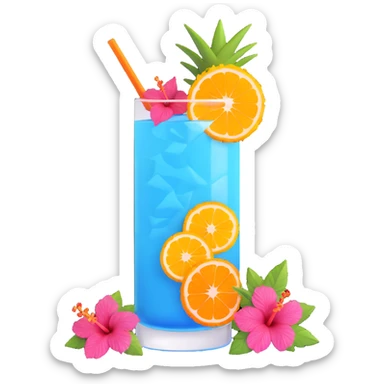 vibrant tropical fruity blue cocktail with hibiscus, pineapple and orange garnishes sticker