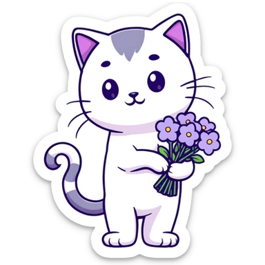 cat holding a bouquet of purple lilac flowers in hand, sticker style sticker