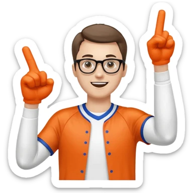 A slim man with glasses, pumping the foam finger in the air with bright enthusiasm. sticker