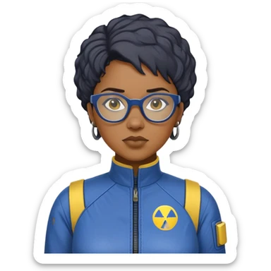 stern Black woman with short textured hair, glasses, wearing blue Fallout Vault jumpsuit with yellow trim and number on back, minimalist sticker