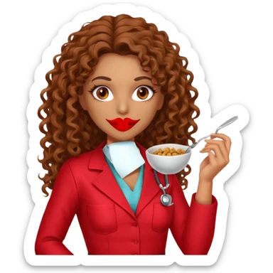 Sensual Spanish Lilith core evil surgeon.red outfit.  Surgeon has hazel eyes. Her hair is BROWN. Hair is also  long and  curly. wearing a sexy surgeon outfit with platform heels.she is a calculated smart cereal killer. She covers only her mouth and nose to hide identity  sticker