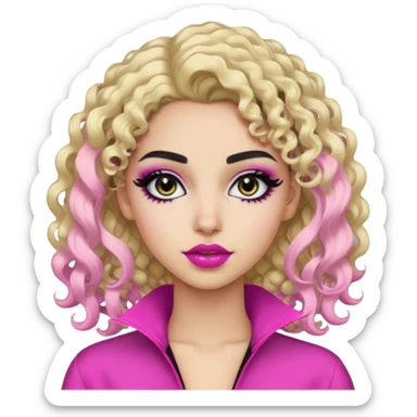 Pale Saudi beauty, pretty baddie, black eyeliner pink lips, split dye leftside blonde rightside black curly hair sticker