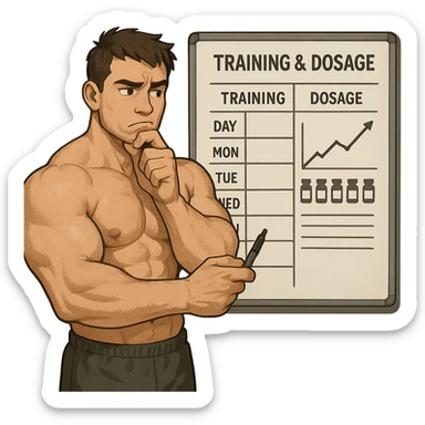 muscular young man in front of whiteboard with training and dosage chart, holding pen and looking indecisive, swollen but not sculpted muscles, study atmosphere, isolated on white background sticker