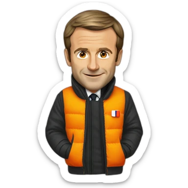 Emmanuel Macron with an orange visibility jacket sticker
