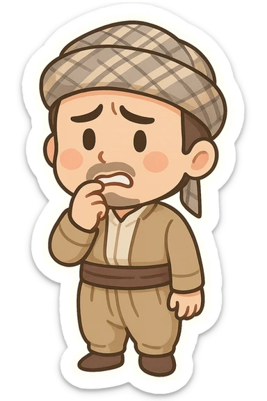 Kurdish man in traditional dress jamadani, worried mood, cartoon style, hand on chin or biting lip, anxious expression, no text sticker