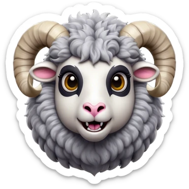 Cinematic Comical Ram Portrait Emoji, Head tilted dramatically with an exaggeratedly amused expression, featuring a striking woolly grey fur with impressively curled horns, wide, expressive dark eyes filled with playful disbelief, Simplified yet hilariously expressive features, highly detailed, glowing with a slightly sassy glow, high shine, dramatic yet playful, stylized with an air of cheeky mischief, bright and endearing, soft glowing outline, capturing the essence of a spirited and over-the-top ram, so meme-worthy it feels like it could butt its way into internet fame instantly! sticker
