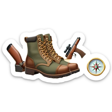 Icon for Hunting Tourism: a rifle, hunting boots, double-barrelled hunting rifle and a compass on a forest background, with a silhouette of wildlife in the distance. The icon should capture the adventure and connection with nature in hunting tourism. Transparent background. sticker