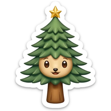 Un emoji représentant un petit sapin stylisé, sans bouche, avec deux grands yeux de biche brillants couleur cannelle. Style minimaliste, mignon et expressif, comme un sticker ou un emoji moderne. Fond parfaitement transparent, haute qualité, bien centré. sticker