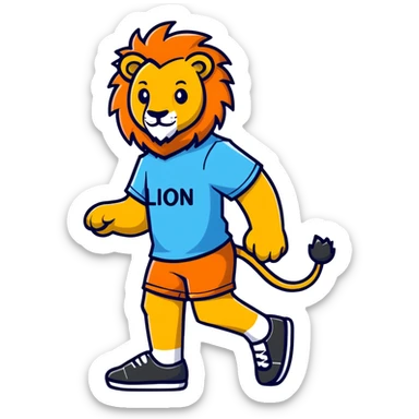 retro 1950s anthropomorphised lion in a t-shirt and shorts walking sticker
