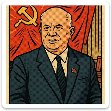Soviet leader Khrushchev wearing a suit with a Communist Party badge standing in front of a communist flag in his office sticker
