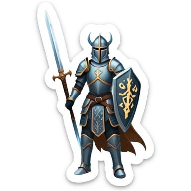 An icon representing RPG, inspired by Elden Ring. The design features a warrior in armor, holding a sword, standing in front of a mystical, dark landscape with glowing runes and a distant castle. The atmosphere evokes epic quests, exploration, and intense battles. Transparent background sticker