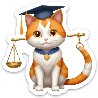 cat wearing a graduation cap, holding the scales of justice up with its tail sticker