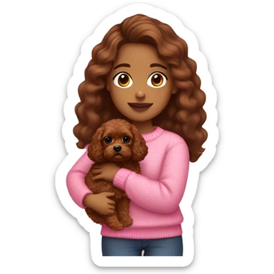Hispanic girl holding all brown Cavapoo with pink sweaters on sticker