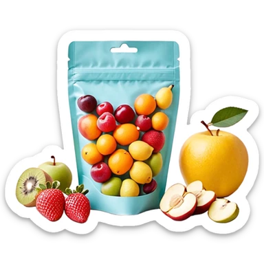 Ein weicher, bunter Standbeutel für Kinder, gefüllt mit püriertem Obstmus. Oben hat er einen kleinen wiederverschließbaren Schraubverschluss, aus dem Kinder direkt trinken oder saugen. Verpackung wie Babynahrung-Beutel aus dem Supermarkt, mit fröhlichem Obst-Design (Apfel, Banane, Erdbeere). sticker