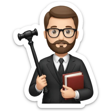 Create a male lawyer. he is wearing a fromal suit jckeret. He is holding a gavel in one hand and a book tucked under his another arm. He has beard and glasses sticker