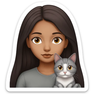 Brown girl with long dark hair with a grey cat sticker