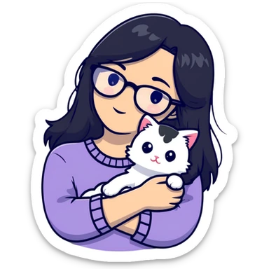 Girl with long black hair and glasses holding a white kitten sticker
