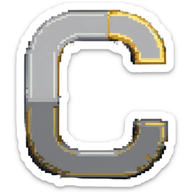 Pixelated letter C in various shades of gray, with golden pixel halo above it, 8-bit style sticker