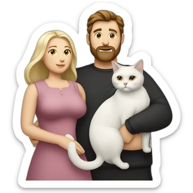 Family photo a fat husband with a beard is holding a white cat and wife with straight hair is holding a black cat sticker