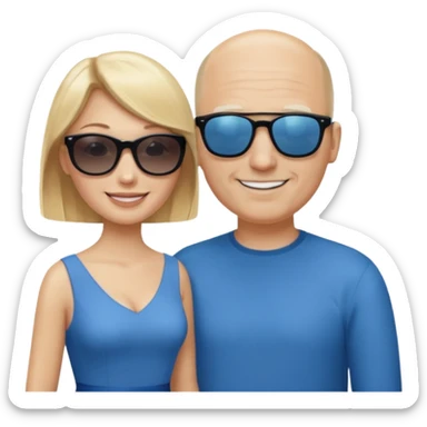 White woman with blonde hair wearing sunglasses and a blue dress, standing next to a tall bald white man sticker