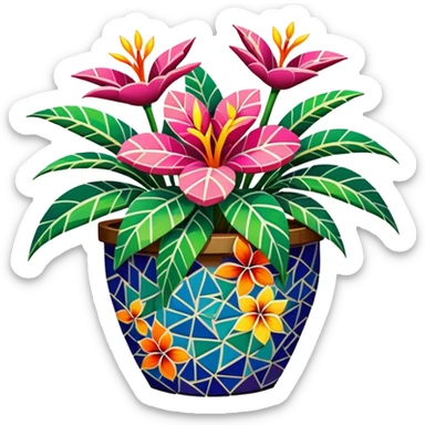 a tropical flower plant in a mosaic multicolored pot sticker