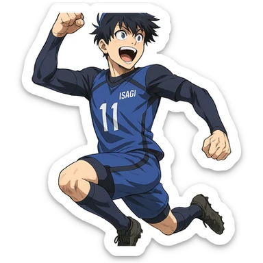 Isagi Yoichi, celebrating a goal, dynamic action, anime style sticker