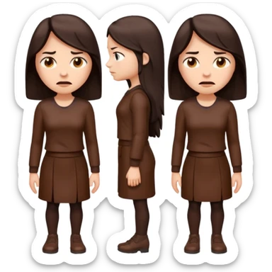 =Cartoon emoji of a woman with long, loose dark hair, wearing chocolate-colored clothes. Full-height, standing, nervous, unsure, worried expression. Slightly hunched, anxious posture. Smooth, simple, stylized sticker