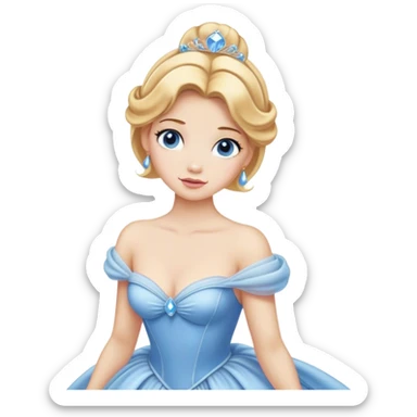 Cinematic Realistic Cute Cinderella Portrait, featuring fair, luminous skin with finely detailed texture and softly lit golden-blonde hair cascading in gentle waves. Her warm, inviting blue eyes sparkle with youthful charm and curiosity, while her classic, elegantly draped ball gown reveals meticulously rendered fabric details and natural folds. The overall composition is bathed in a gentle, realistic radiance that exudes both playfulness and heartfelt beauty. sticker
