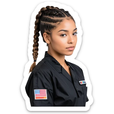 A 40-year-old Latina woman with light brown skin, working as a car mechanic, wearing all black mechanic scrubs, with two braids pulled back from her head sticker