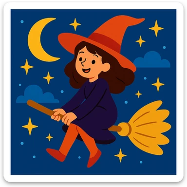 brunette girl witch, flying on a broomstick, night sky background, whimsical style sticker