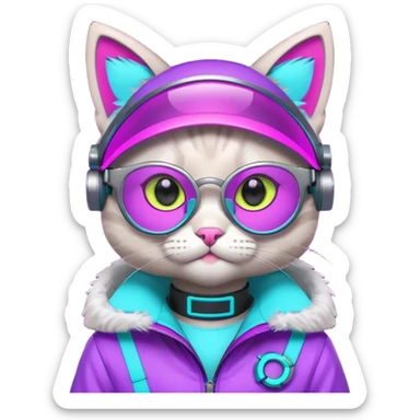 cute cyberpunk cat, neon visor glasses, tech jacket, glowing collar, purple and cyan neon accents, 3D cartoon, mobile game icon style, clean background, no text, no watermark
 sticker