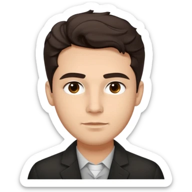 He’s a man with light to medium skin, a defined oval face, full brows, deep-set eyes, and wavy short dark brown hair styled with height, sides are trimmed. expression calm and focused relaxed black open-collar .polished, articulate, and coach vibe. sticker