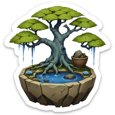 Bare haunted Alien landscape mudman very old broken cracked intricate Stone Age rocky-crusted irregular dodecagon-shaped shallow dark moss rough bark blue weeping willow flowered maple tree bonsai pot sticker