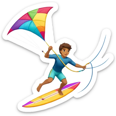 The scene captures the energy and freedom of the sport, with the sun shining and the ocean's waves splashing around. A kite surfer gliding across the ocean, with a colorful kite soaring high in the sky and the surfer carving through the waves.  sticker