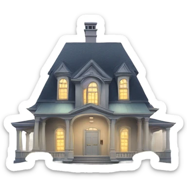 A very large house with a large door wide open, inside is a letter sticker