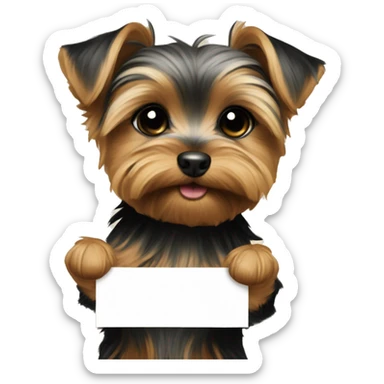 yorkie puppy, holding a poster wi sticker