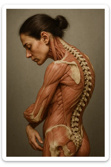 CORPO UMANO ANATOMICO di una donna di profilo con spalle chiuse e postura incurvata, spina dorsale in evidenza, IPERREALISTICO 4K sticker