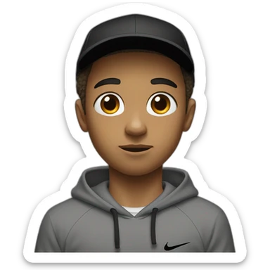 light brown boy with hair until his ears wearing a black nike cap and nike hoodie and black pants medium eye opening trying to think sticker