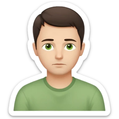 Gentle man, European facial features, short dark brown hair, green eyes, light green shirt. Seated calmly, gazing thoughtfully. Soft light, subtle fern. Waist-up, profile. sticker