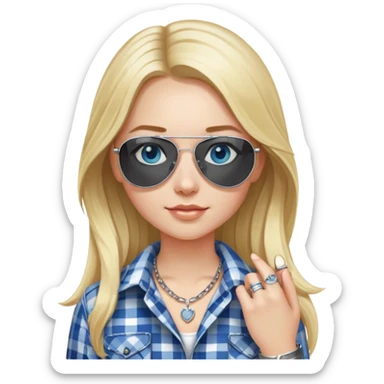 girl with long blond hair, wearing black and white plaid shirt with blue eyes and aviator sunglasses wearing a ring on her silver necklace sticker