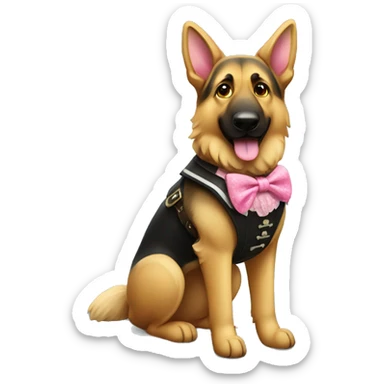 German Shepherd wearing lederhosen in and a little pink bow sticker