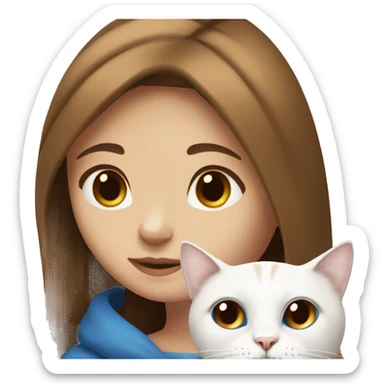 A brown-eyed and brown-haired girl keeps a white cat with blue eyes sticker