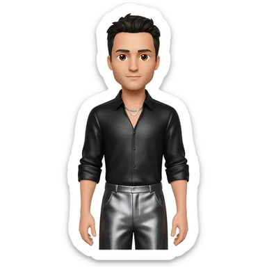 Joseph Gordon Levitt with brown eyes, black hair, black metallic shirt, charcoal metallic baggy pants, silver necklace sticker