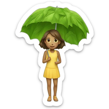 A girl, an umbrella made of leaves sticker