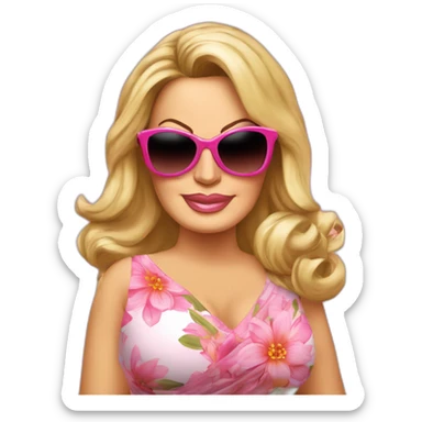 Jennifer Coolidge from tv show White Lotus. She is wearing a large vintage sunglasses. She has a pink head scarf and pink floral dress sticker